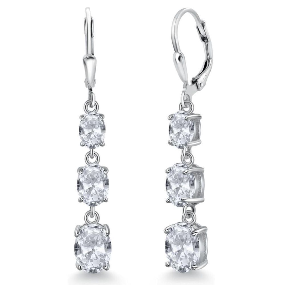 925 Sterling Silver with 6.20 Cttw 3 Stone White Topaz Leverback Drop Earrings